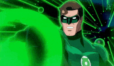 a green lantern is standing in front of a green background