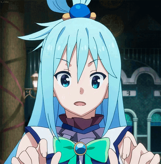 a girl with blue hair and a green bow has the number 13 on her chest