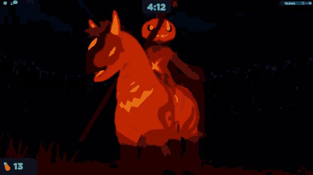 a horse with a pumpkin head on it and a clock that says 4:12