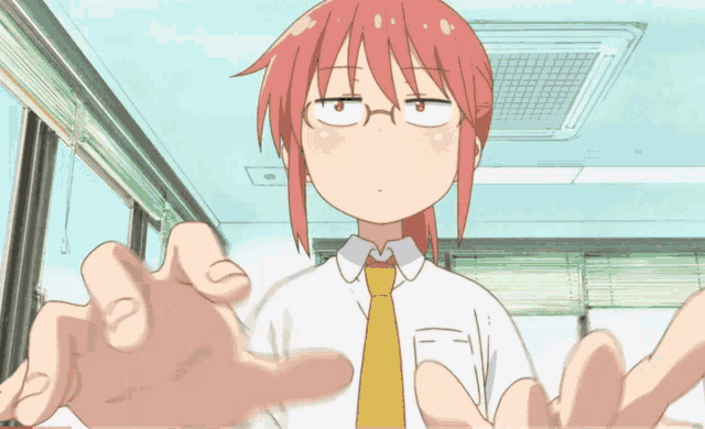 a girl with red hair and glasses is reaching out her hands