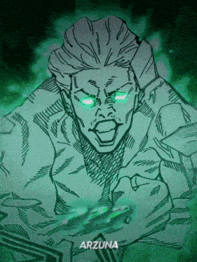 a drawing of a man with green eyes and the name arzuna on the bottom right