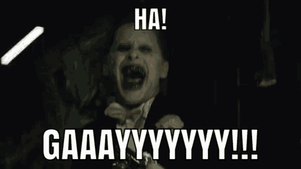 a picture of the joker with a caption that says " ha gaaayyyyy !!! "