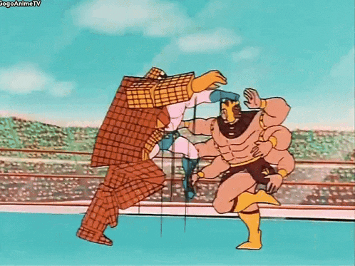 a cartoon of a man in a plaid suit fighting another man in a boxing ring