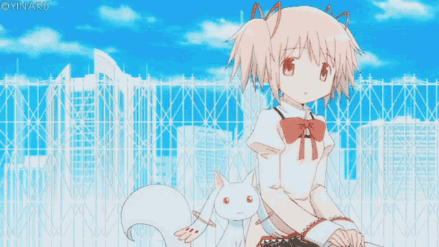 a girl with pink hair is sitting next to a white cat with the word oyaku on the bottom right