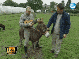 a man playing a guitar next to a donkey in a field with a tv logo in the background