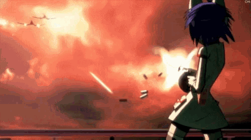 a girl with purple hair is holding a gun in front of a sunset .