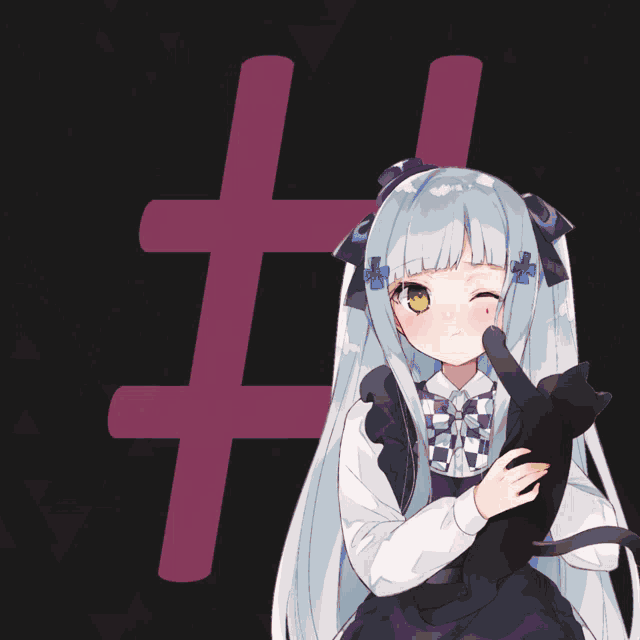 a girl is holding a black cat in front of a hashtag