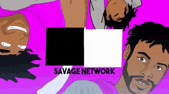 a cartoon of three men with the words savage network on the bottom right