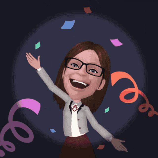 a cartoon of a woman wearing glasses and a gray jacket