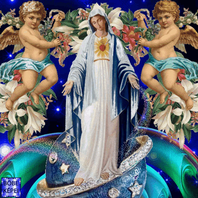 a painting of a woman surrounded by cherubs and flowers with the name bobe written in the corner