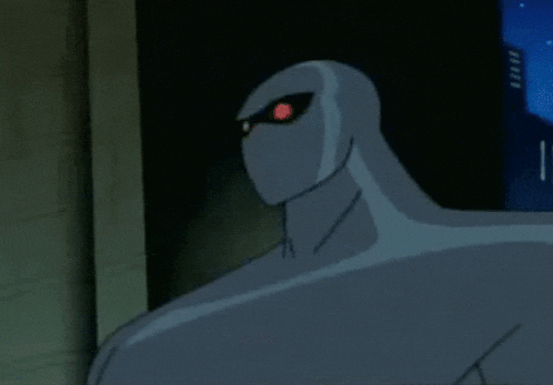 a cartoon character with glowing eyes is standing in a dark room