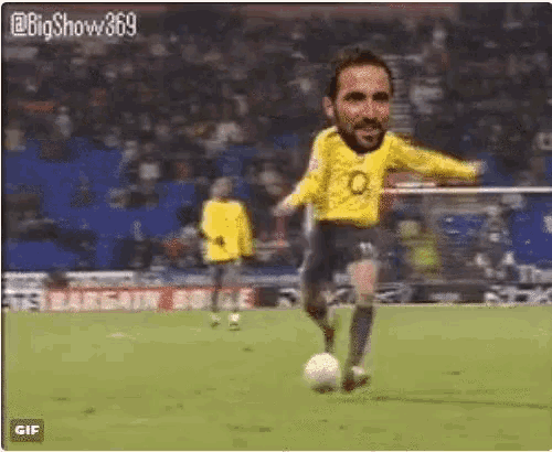 a man in a yellow jersey is kicking a soccer ball on a field