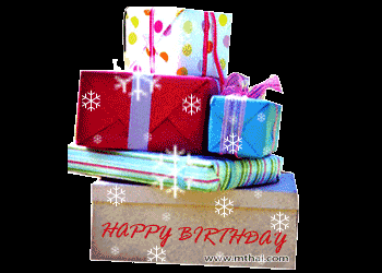 a happy birthday card with a stack of presents on top