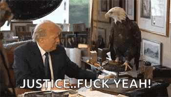 a man in a suit and tie is sitting at a desk with a bald eagle on it .