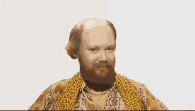 a bald man with a beard and a leopard print shirt