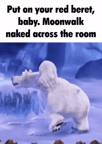 a polar bear is walking naked across the room