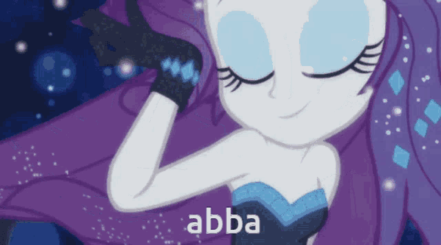 a cartoon of a girl with purple hair and the word abba on the bottom