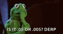 kermit the frog is thinking and covering his mouth with his hand while holding his hand to his chin .