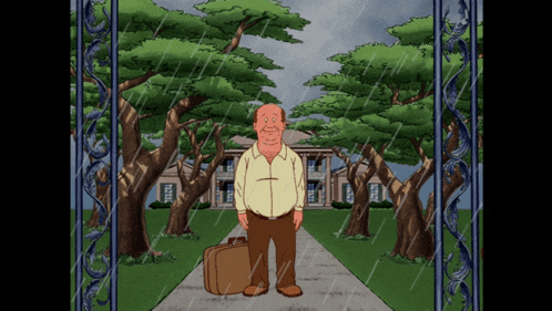 a cartoon of a man with a suitcase standing in the rain in front of a house