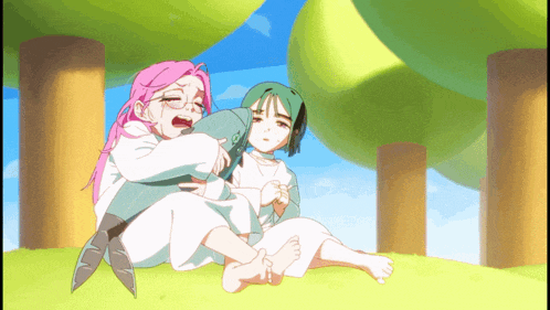 a cartoon of a girl with pink hair and a girl with green hair