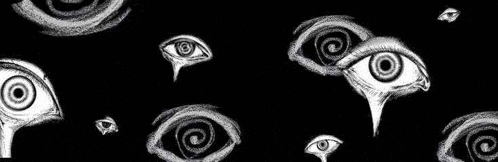 a black and white drawing of a bunch of eyes on a black background