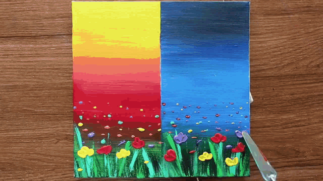 a painting of a sunset and a sunset with flowers