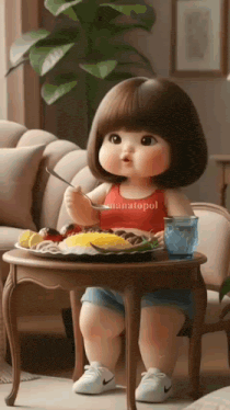 a little girl is sitting at a table with a plate of food and a glass of water .