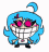 a cartoon character with blue hair and pink eyes is smiling and wearing sunglasses .