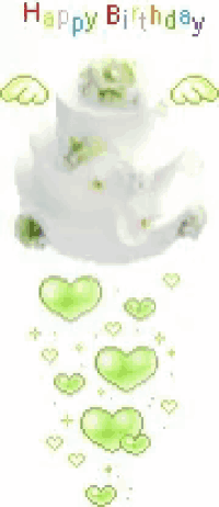 a birthday card with a white cake and green hearts .