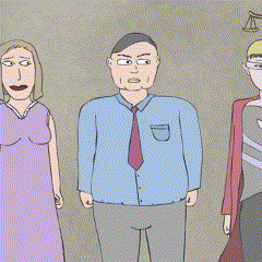 a cartoon of a man and two women with the words it 's just business