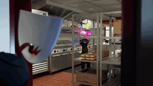 a person standing in a kitchen with a sign that says ' chicken ' on it