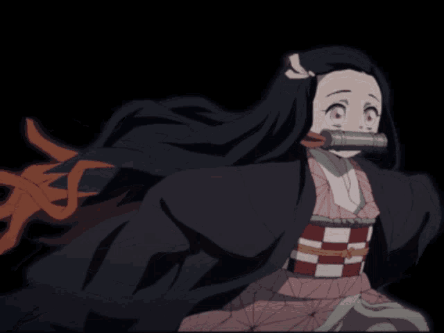 a girl with long black hair is wearing a kimono and a bow in her hair