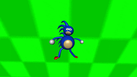 a blue cartoon character with white arms and a green background
