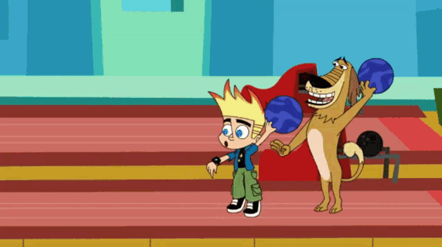 a cartoon of a boy standing next to a dog holding bowling balls