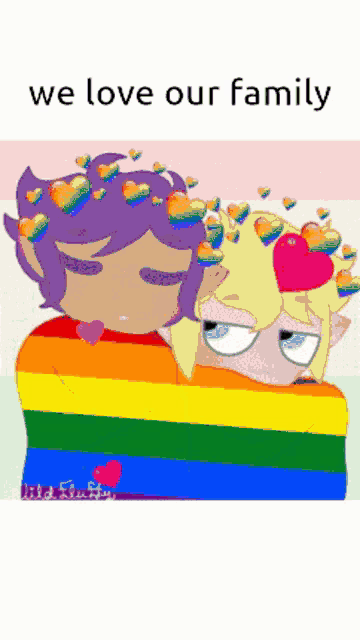 a couple of cartoon characters hugging with the words we love our family