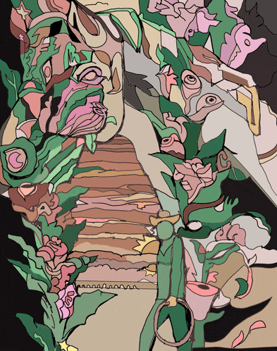 a drawing of a staircase surrounded by flowers