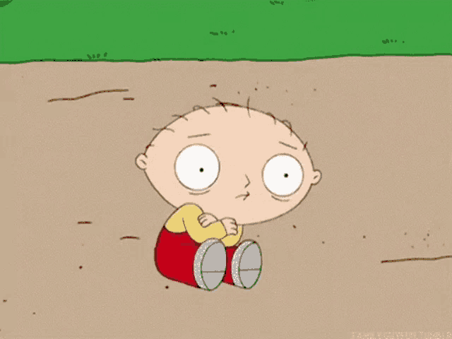 a cartoon character is sitting on the ground with his arms crossed and making a face .