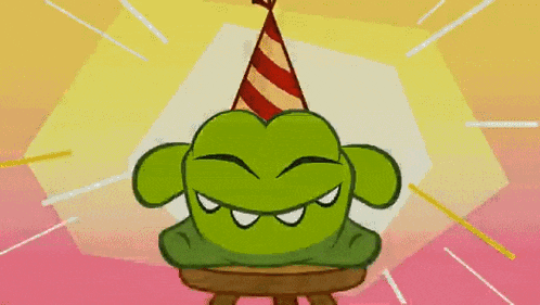 a cartoon character is wearing a party hat and sitting on a stool .