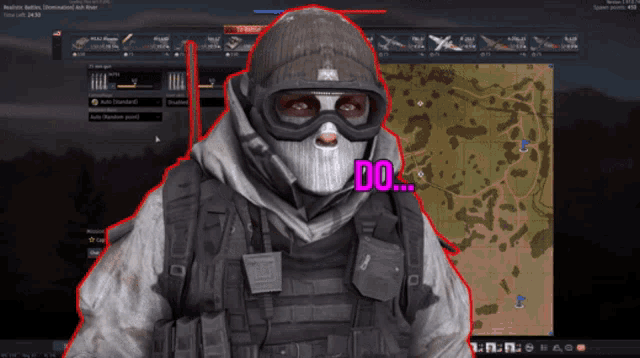 a video game screen shows a soldier with a mask and goggles saying do