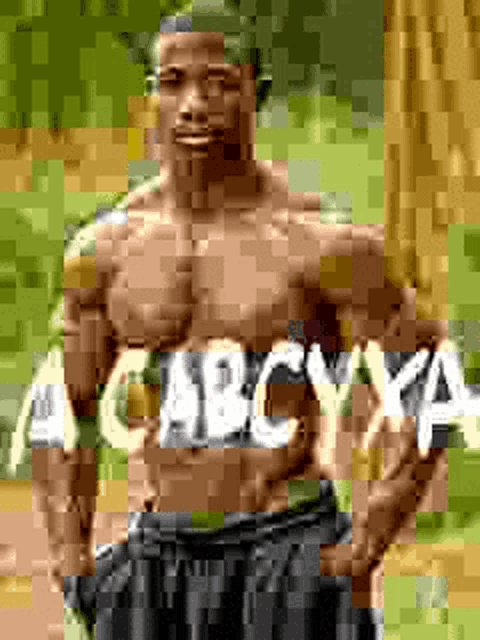 a pixelated picture of a shirtless man with the word abc on his chest