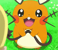 a cartoon pokemon is sitting in the grass with its mouth open .