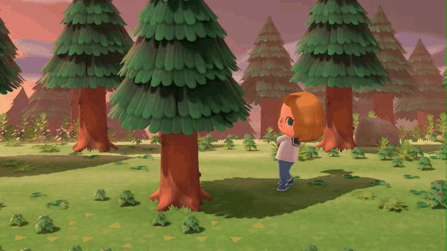 a video game character stands in a forest looking at a tree
