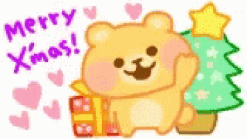 a teddy bear is holding a gift box and a christmas tree and says merry xmas .