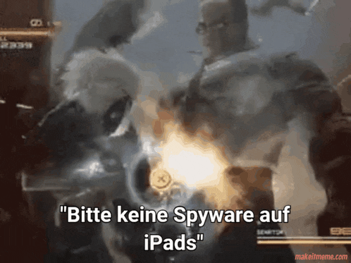 a video game scene with the words " bitte keine spyware auf ipads " on the bottom