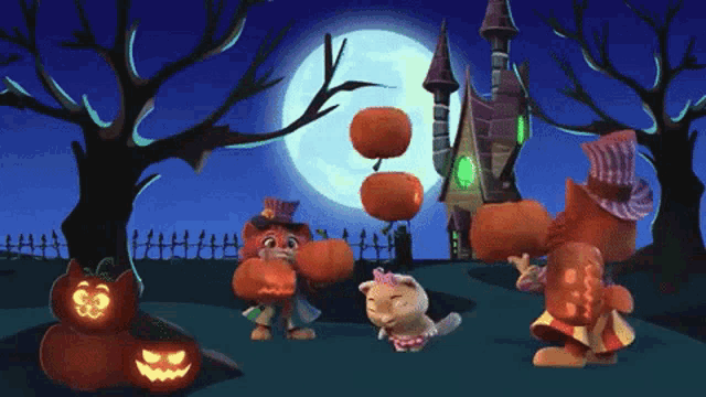 a group of cartoon characters playing with pumpkins in front of a haunted castle