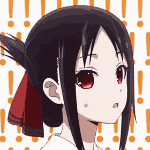 a close up of a black haired anime girl with red eyes and a red bow in her hair .