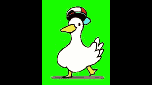 a cartoon duck wearing a baseball cap is dancing on a green screen .