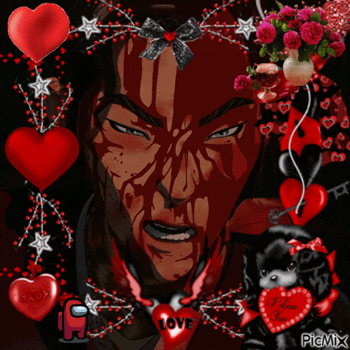 a picture of a man surrounded by hearts and flowers with a heart that says love on it