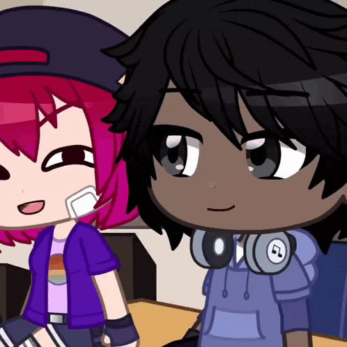 a boy with headphones around his neck and a girl with pink hair