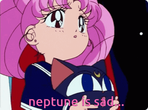a girl with pink hair is holding a cat with the words " neptune is sad " above her